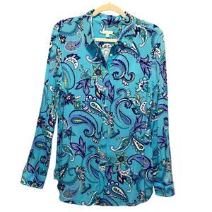 Talbots Robin's Egg Blue Paisley Long Sleeve Button Up Shirt size Medium